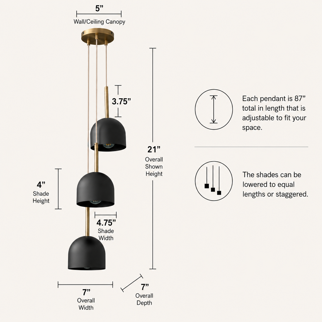 Black and Brass 3-Light Adjustable Cascade Pendant Chandelier