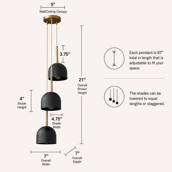 Black and Brass 3-Light Adjustable Cascade Pendant Chandelier