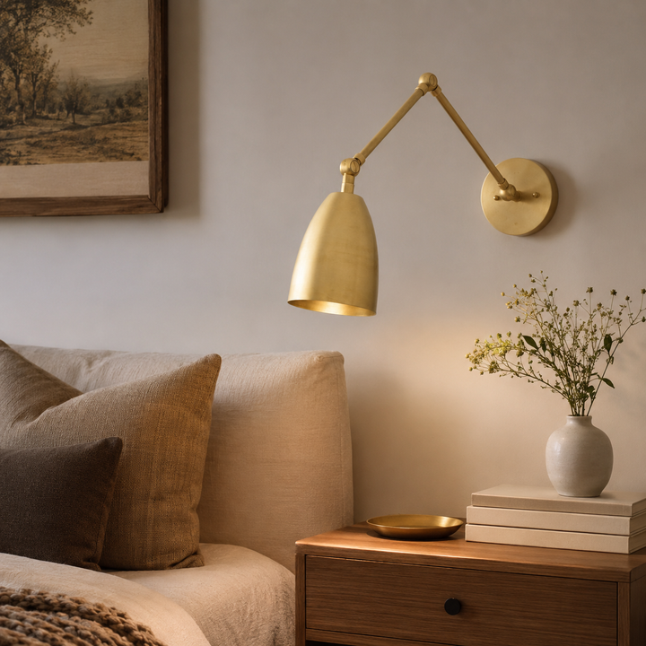 Adjustable Brass Swing Arm Wall Sconce with Bell Shade